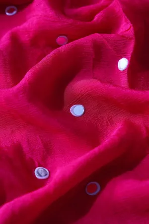 1.25 Meter Cut Piece Of Real Mirror Embroidery Work On Fuchsia Viscose Chinnon Chiffon Fabric