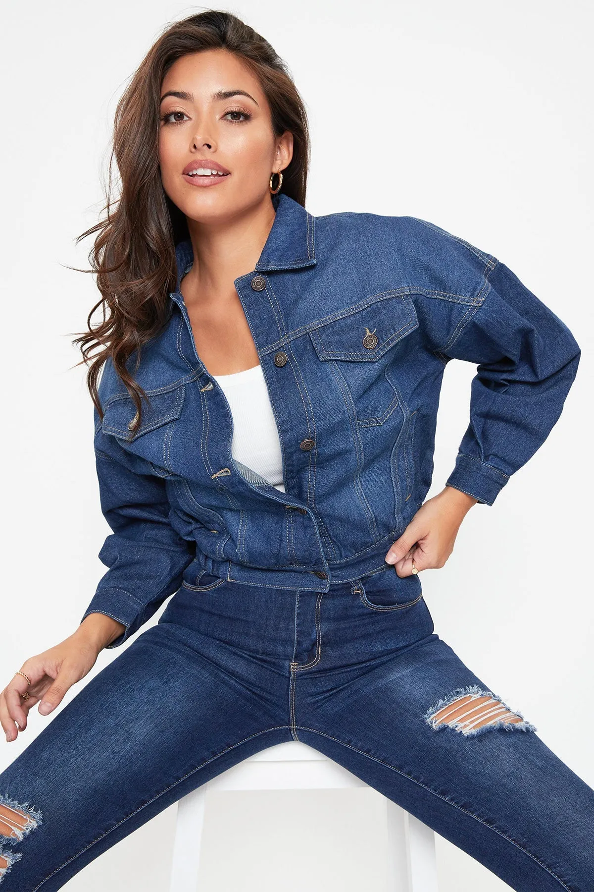 80'S STLYE DENIM JACKET WITH ELASTIC HEM