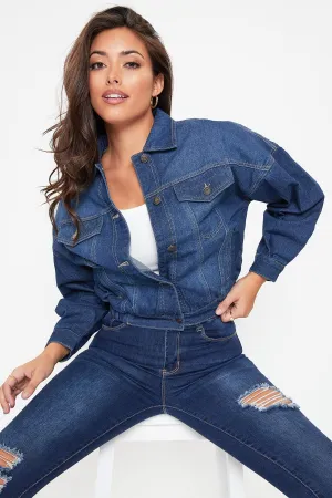 80'S STLYE DENIM JACKET WITH ELASTIC HEM