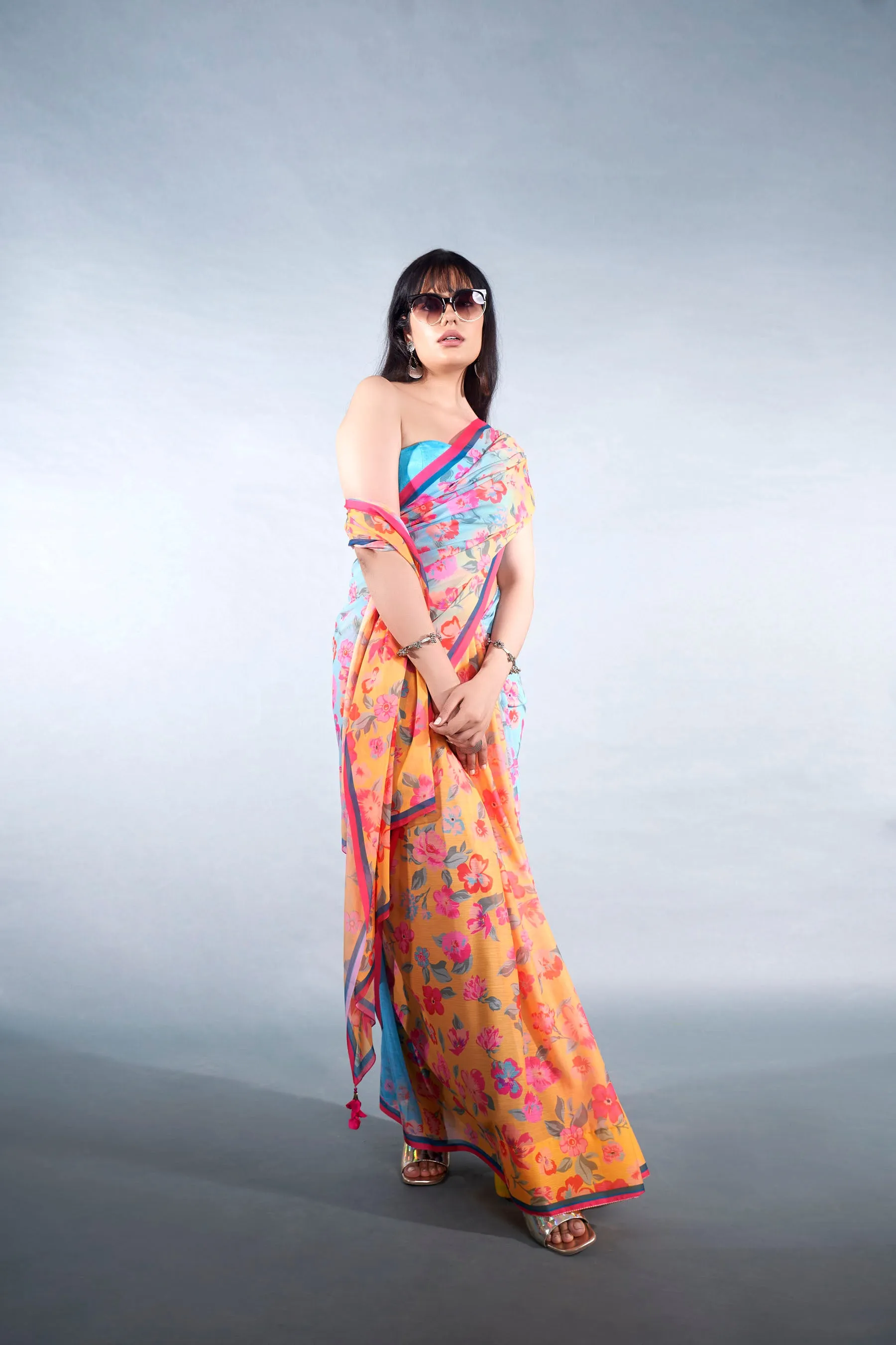 Amber Yellow Floral Printed Chiffon Saree With Latkan