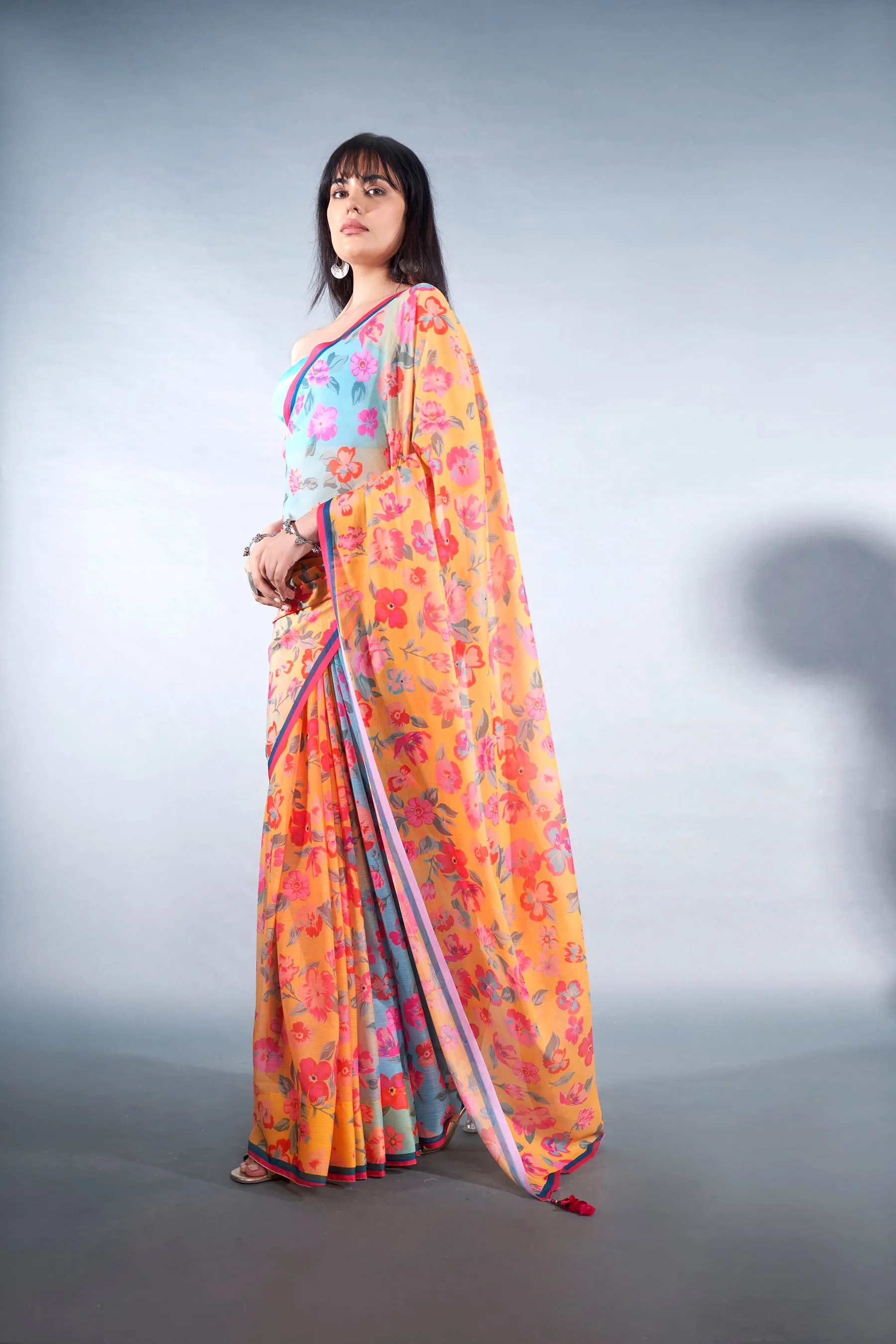 Amber Yellow Floral Printed Chiffon Saree With Latkan