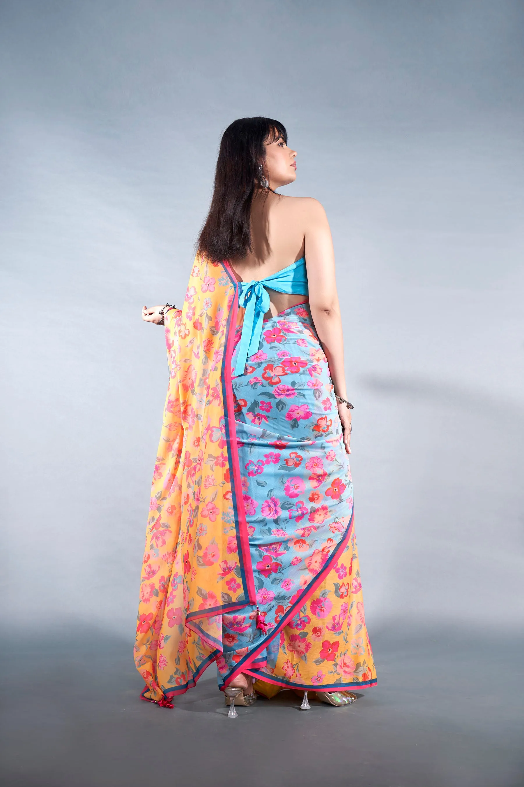 Amber Yellow Floral Printed Chiffon Saree With Latkan