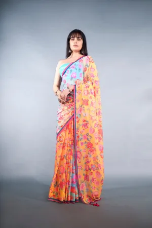 Amber Yellow Floral Printed Chiffon Saree With Latkan