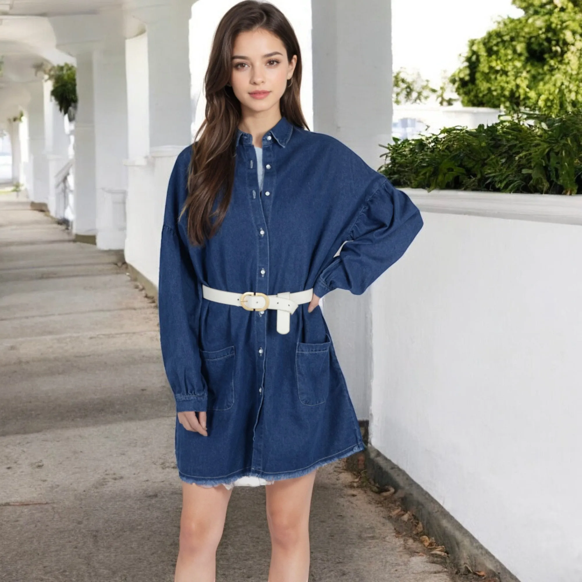 Anna-Kaci Women's Long Sleeve Denim Shirt Dress with Front Button Closure and Patch Pockets