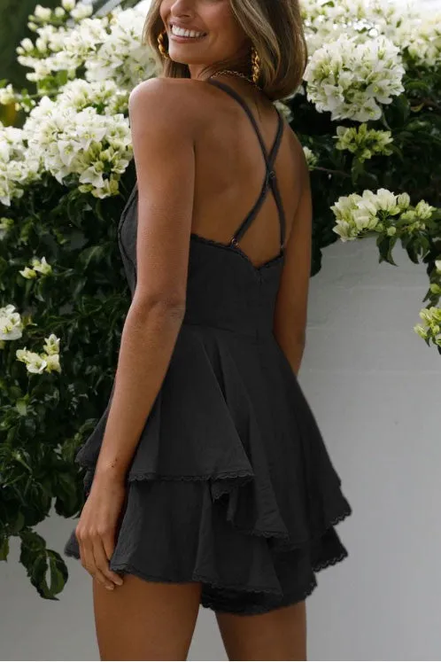 Black Sleeveless Wrap Front Ruffled Romper