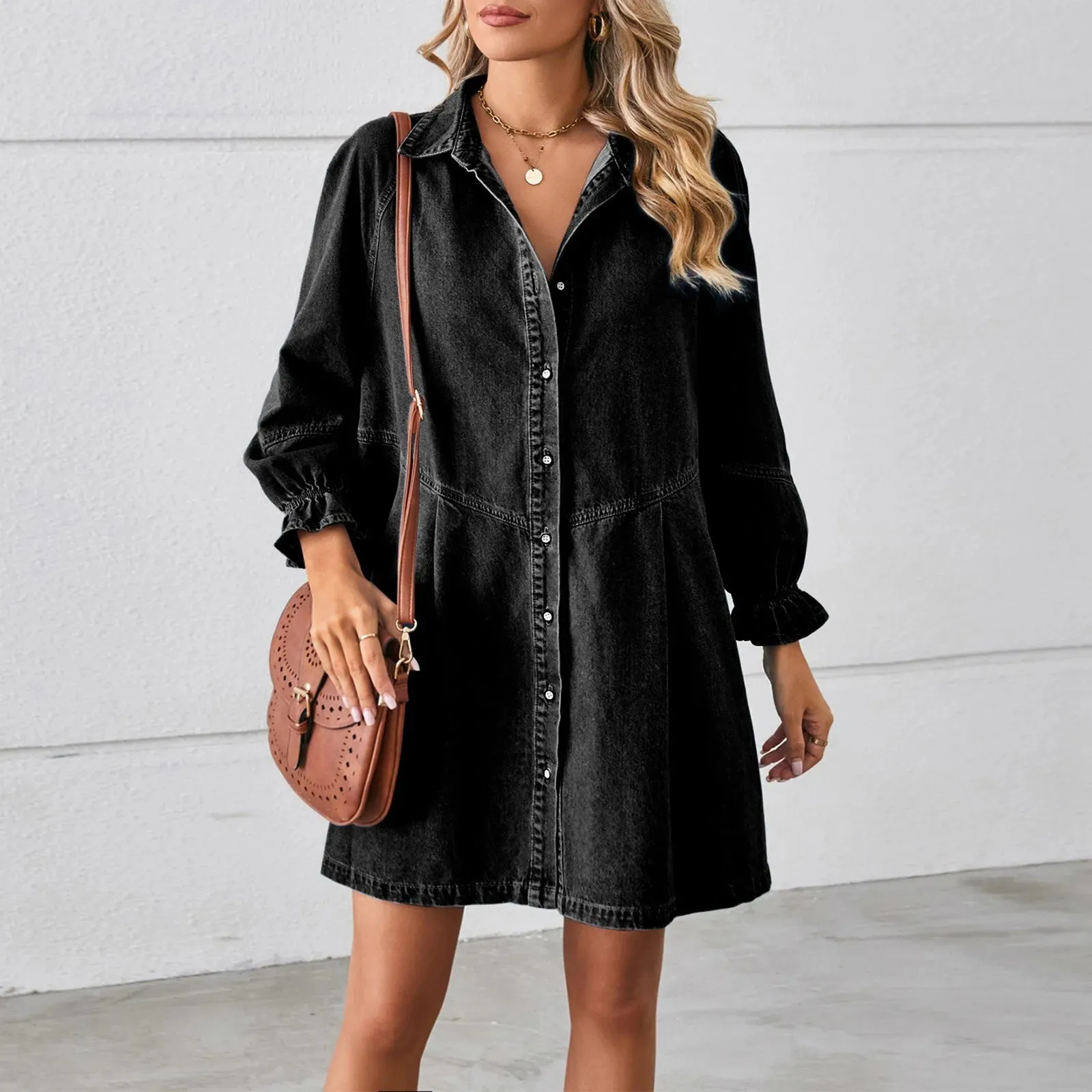 Breezy Bishop Sleeve Denim Mini Dress– Ideal for Weekend Wear