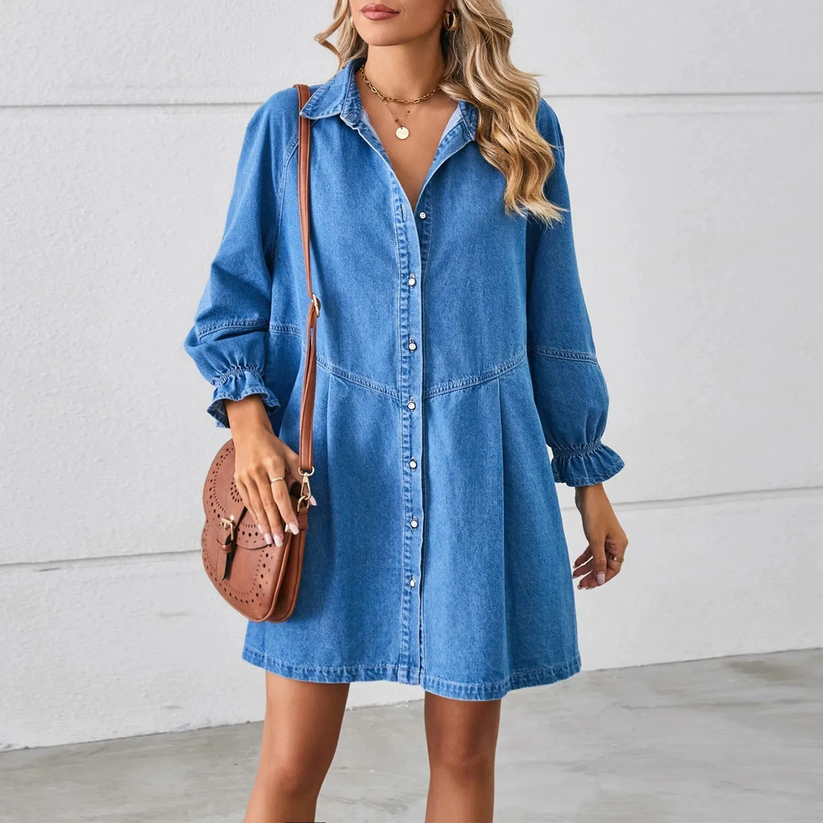 Breezy Bishop Sleeve Denim Mini Dress– Ideal for Weekend Wear