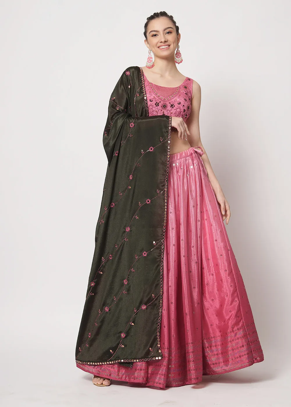Chinon Silk Pink Mukaish Work Wedding Party Lehenga Choli