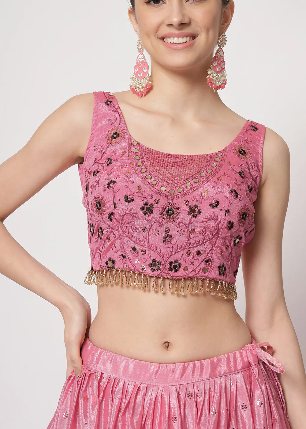 Chinon Silk Pink Mukaish Work Wedding Party Lehenga Choli