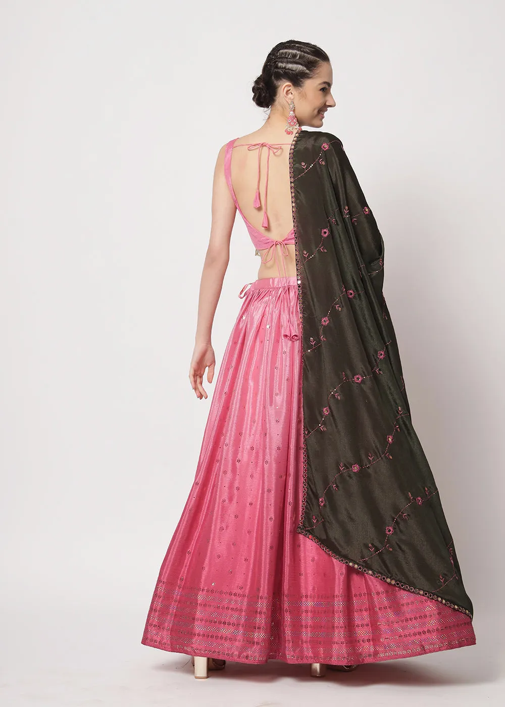 Chinon Silk Pink Mukaish Work Wedding Party Lehenga Choli