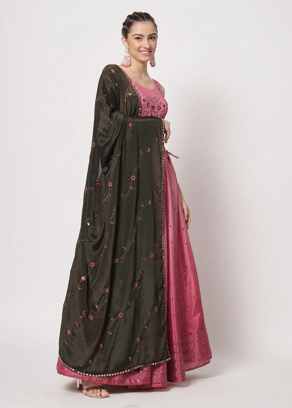 Chinon Silk Pink Mukaish Work Wedding Party Lehenga Choli