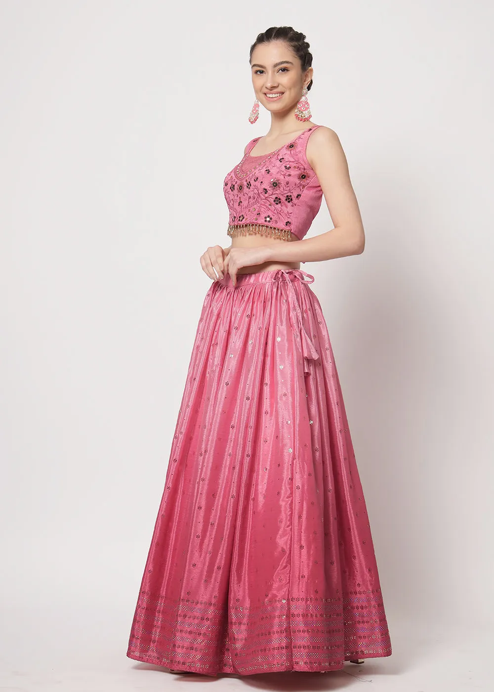 Chinon Silk Pink Mukaish Work Wedding Party Lehenga Choli