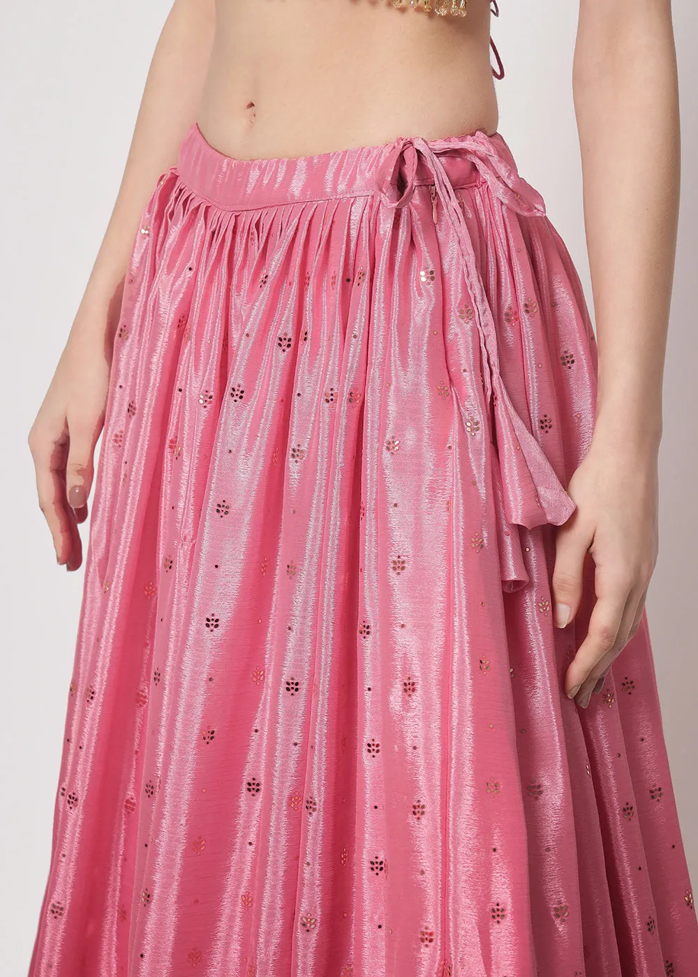 Chinon Silk Pink Mukaish Work Wedding Party Lehenga Choli