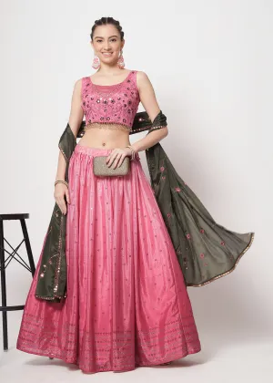 Chinon Silk Pink Mukaish Work Wedding Party Lehenga Choli