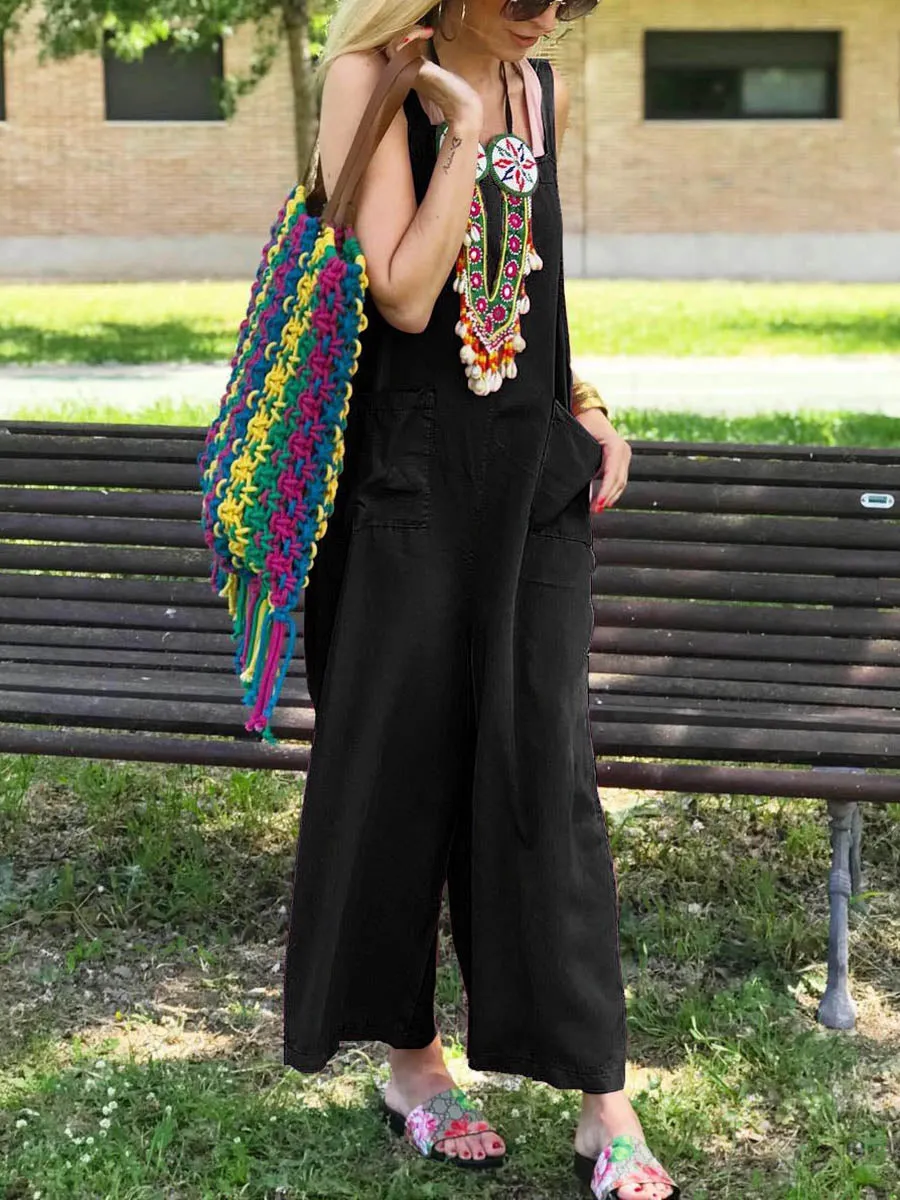 Cut Collar Sleeveless Pure Colour Jumpsuit
