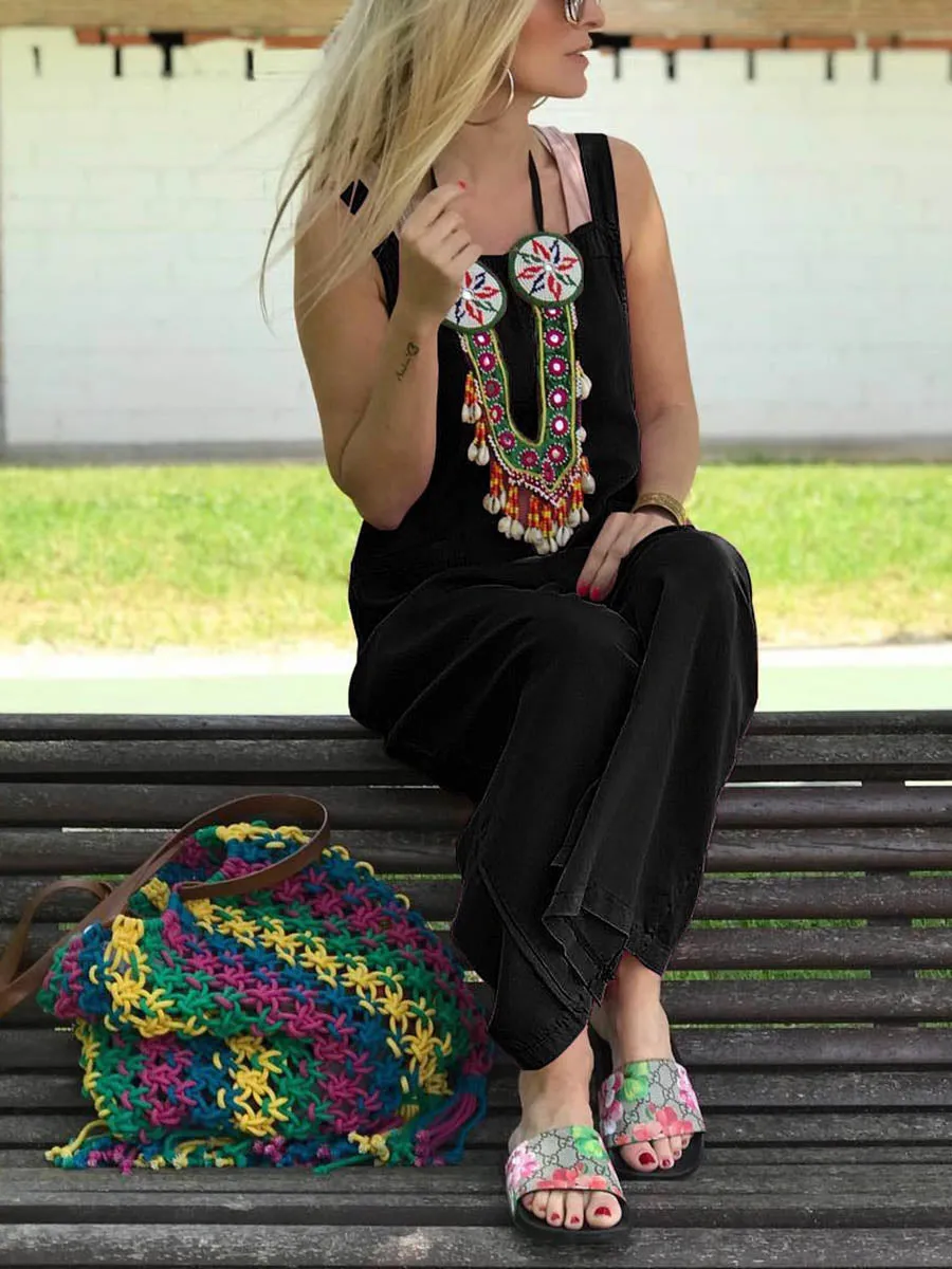 Cut Collar Sleeveless Pure Colour Jumpsuit