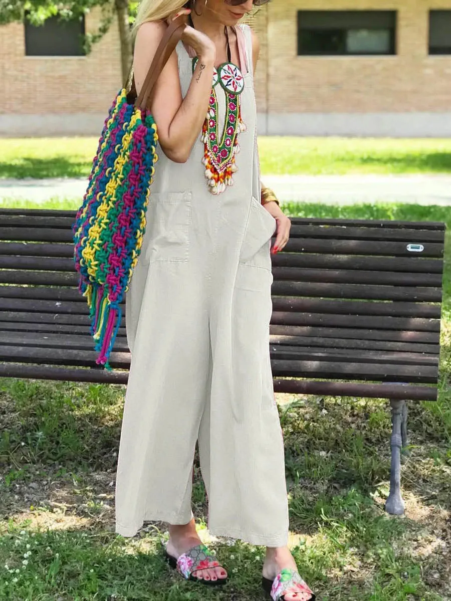 Cut Collar Sleeveless Pure Colour Jumpsuit