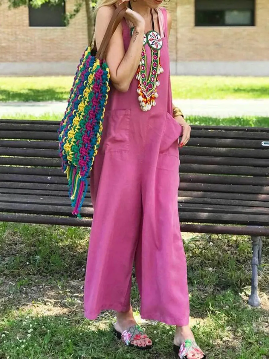 Cut Collar Sleeveless Pure Colour Jumpsuit