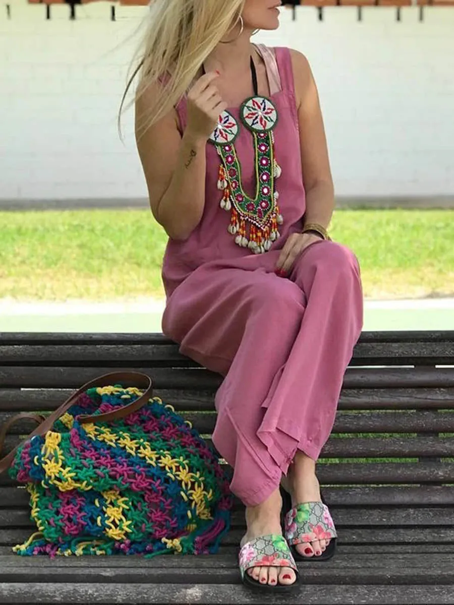 Cut Collar Sleeveless Pure Colour Jumpsuit