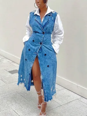 Denim Vest And Trendy Shirt Dress Set