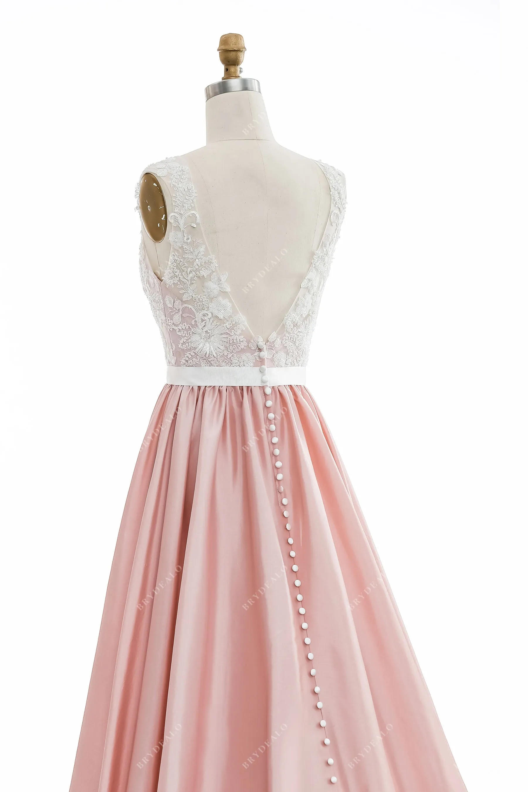 Dusty Rose Taffeta A-line Designer Plunging Lace Wedding Dress