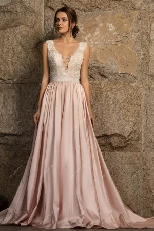 Dusty Rose Taffeta A-line Designer Plunging Lace Wedding Dress