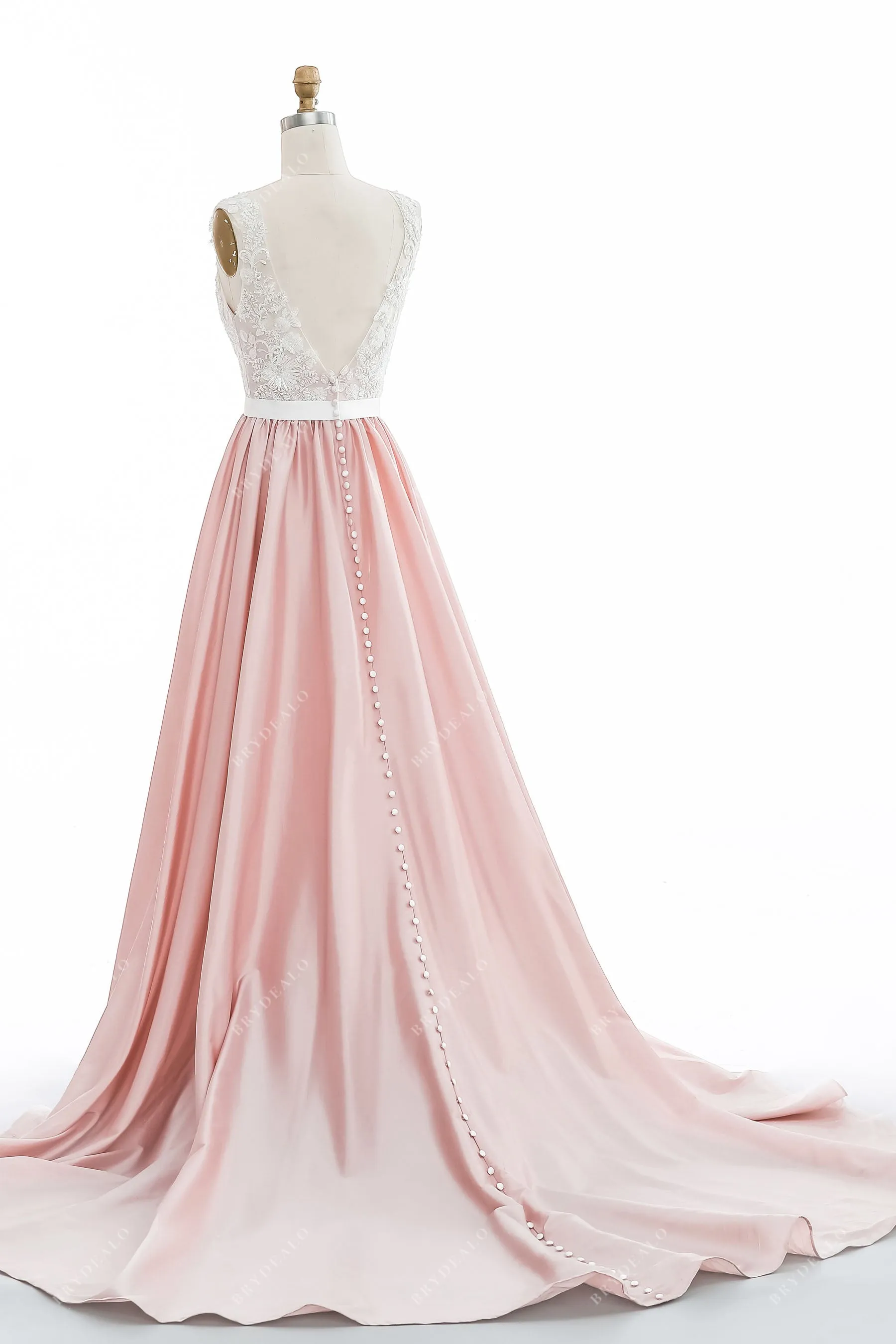 Dusty Rose Taffeta A-line Designer Plunging Lace Wedding Dress