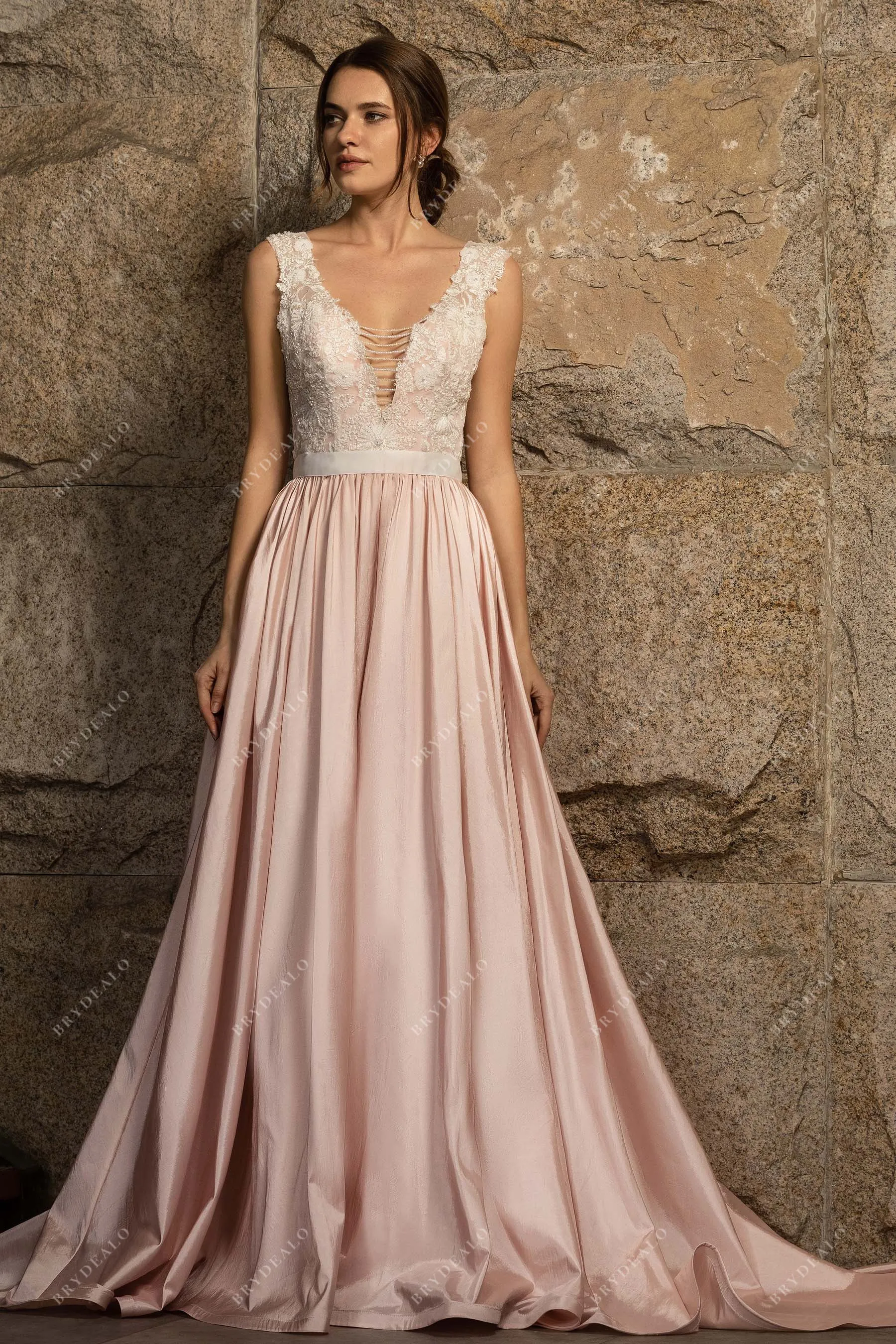 Dusty Rose Taffeta A-line Designer Plunging Lace Wedding Dress
