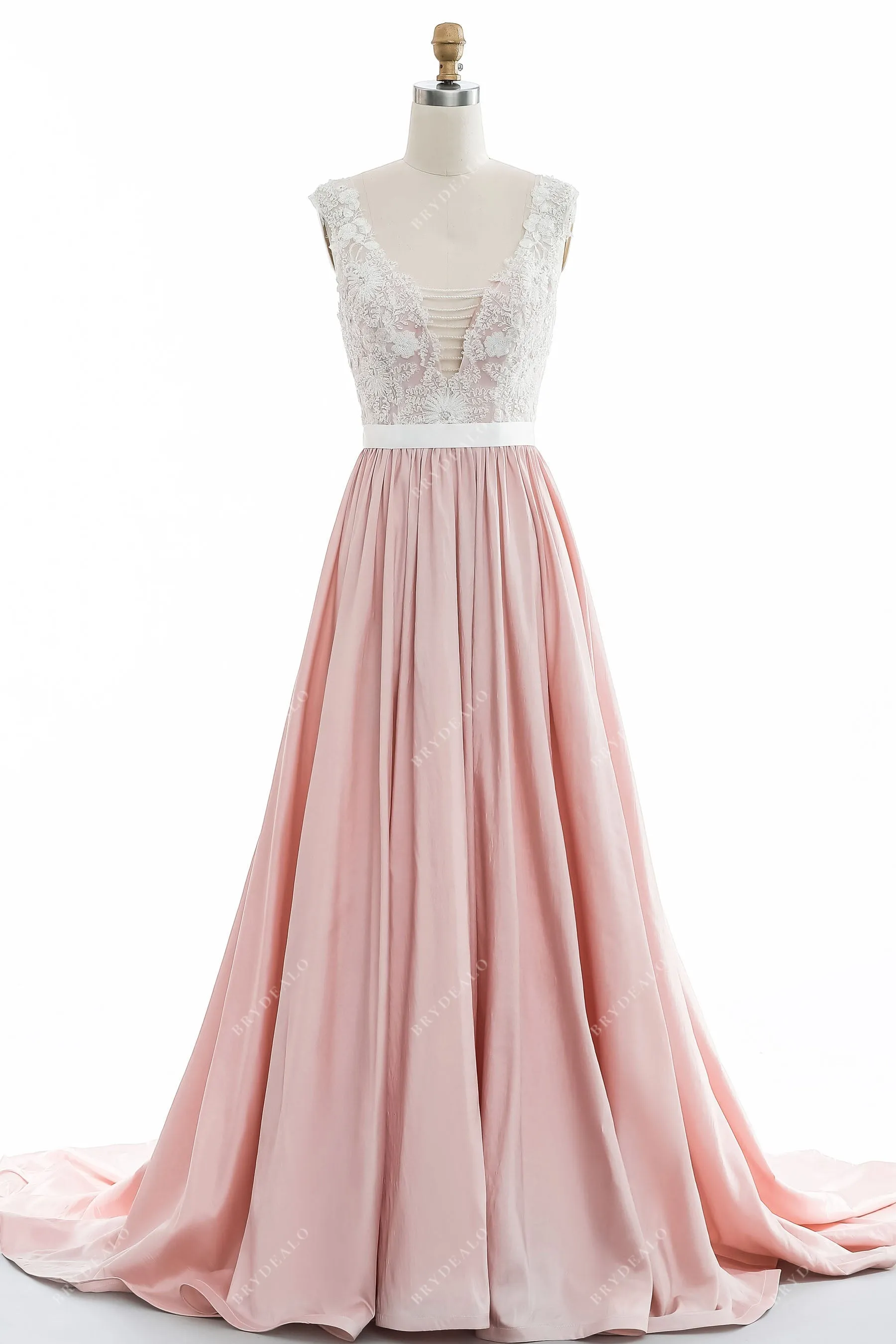 Dusty Rose Taffeta A-line Designer Plunging Lace Wedding Dress