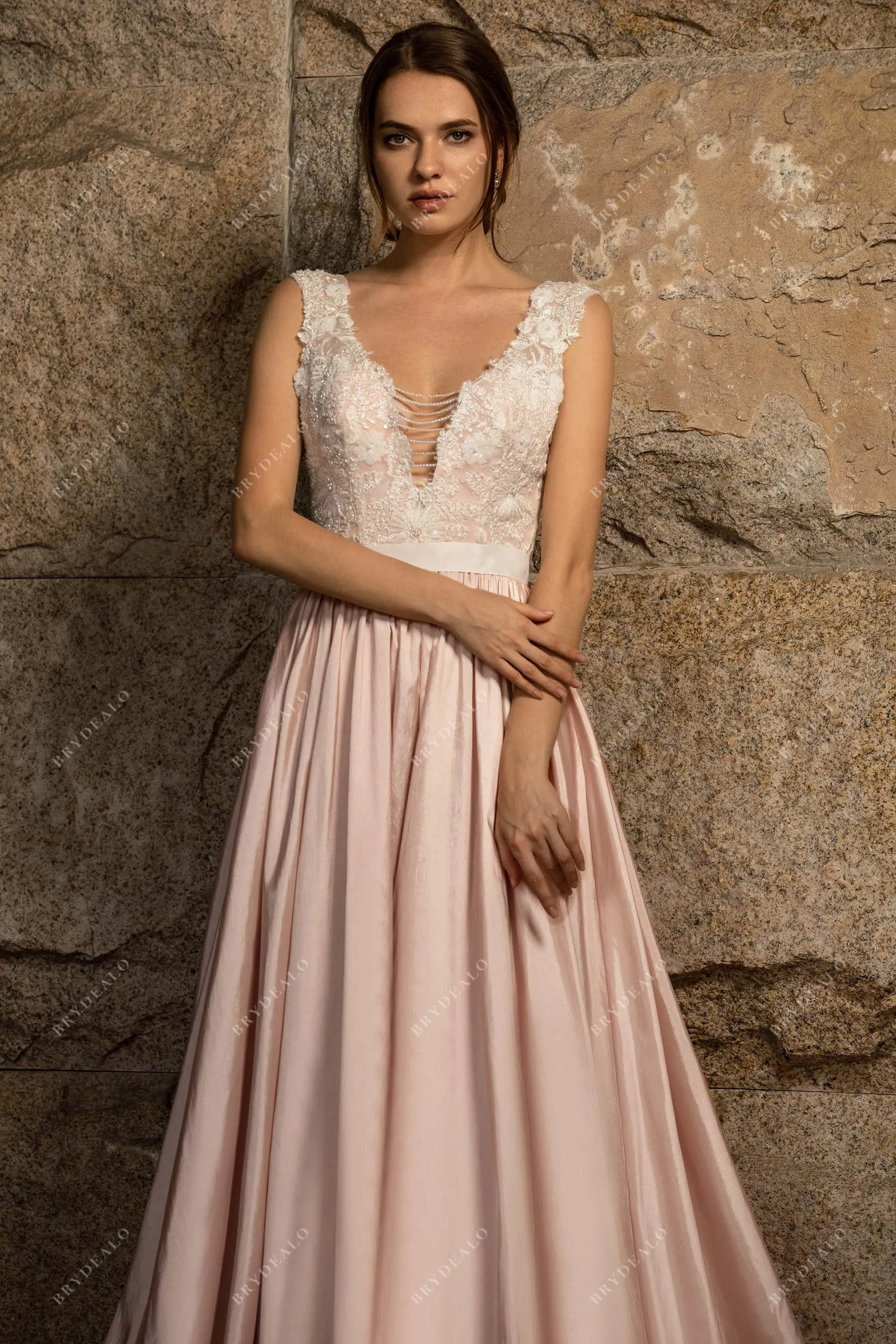 Dusty Rose Taffeta A-line Designer Plunging Lace Wedding Dress