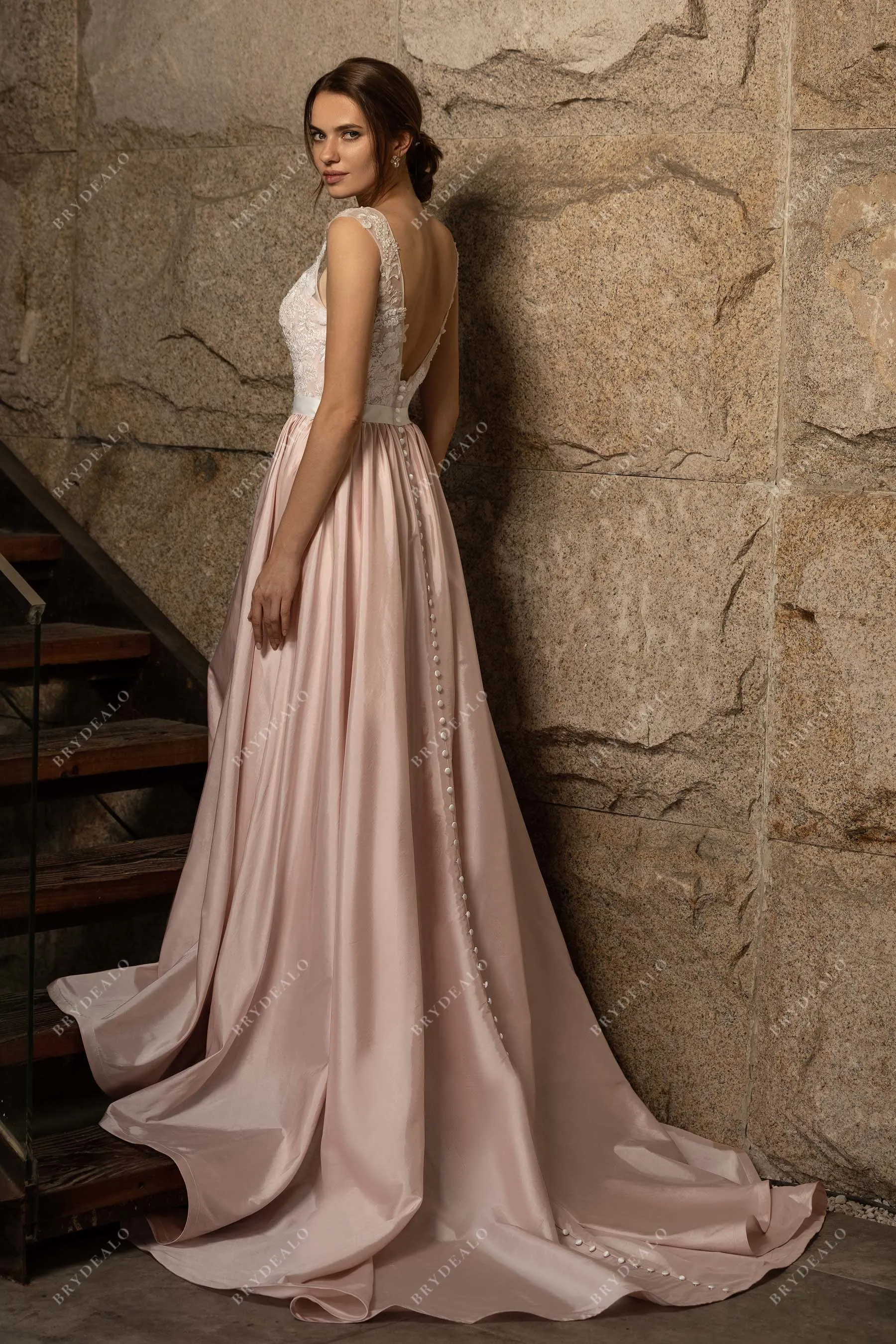 Dusty Rose Taffeta A-line Designer Plunging Lace Wedding Dress