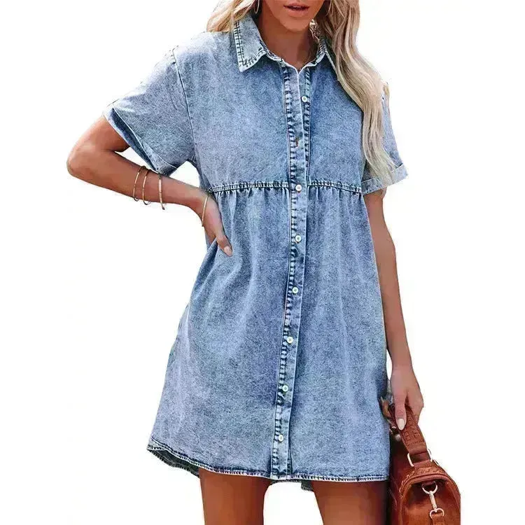 European And American Washed Denim Lapel Ruffled Denim Dress Jeans Flared dress Casual Denim mini dress