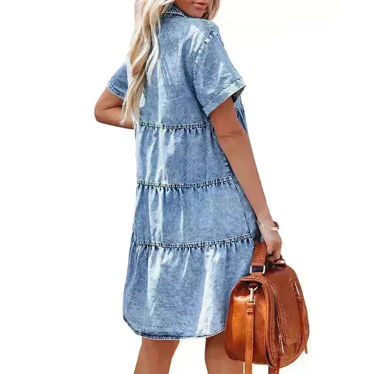 European And American Washed Denim Lapel Ruffled Denim Dress Jeans Flared dress Casual Denim mini dress
