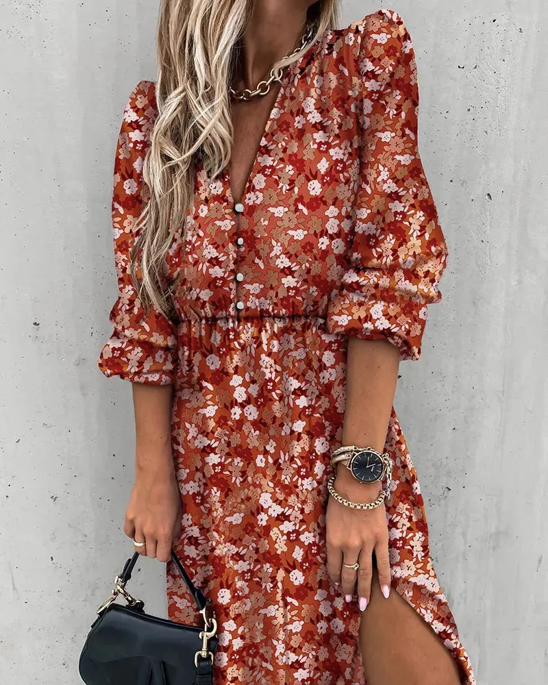 Floral Print Ankle-Length Maxi Dress with V-Neck