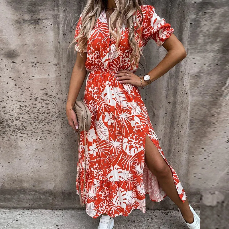 Floral Print Ankle-Length Maxi Dress with V-Neck