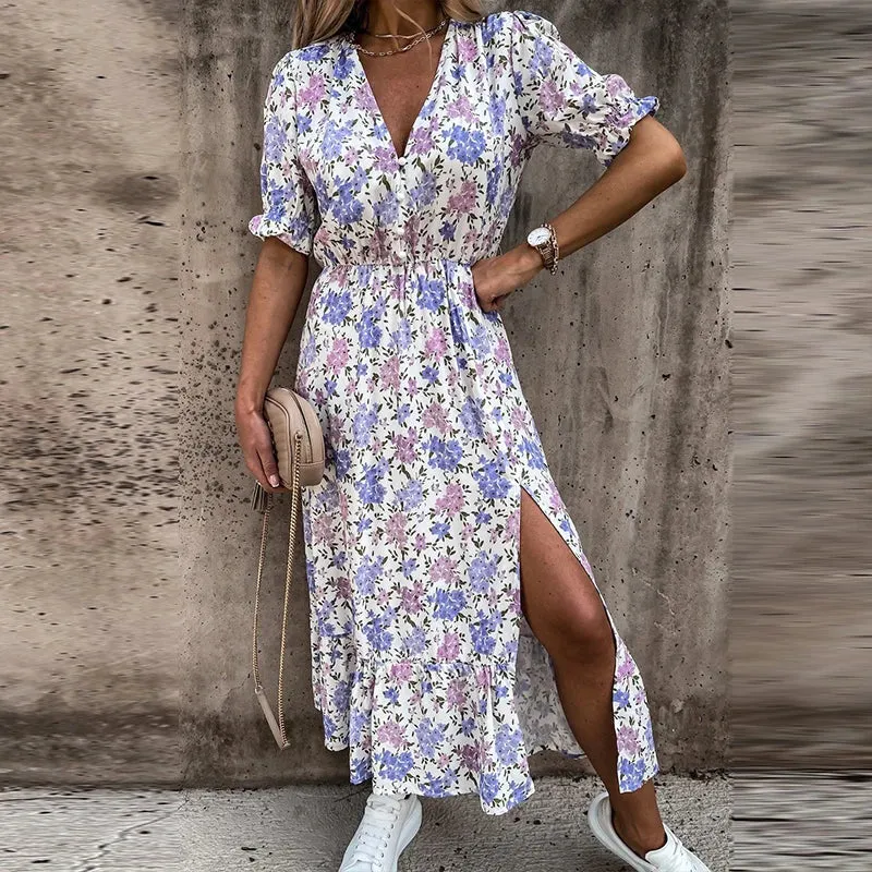 Floral Print Ankle-Length Maxi Dress with V-Neck