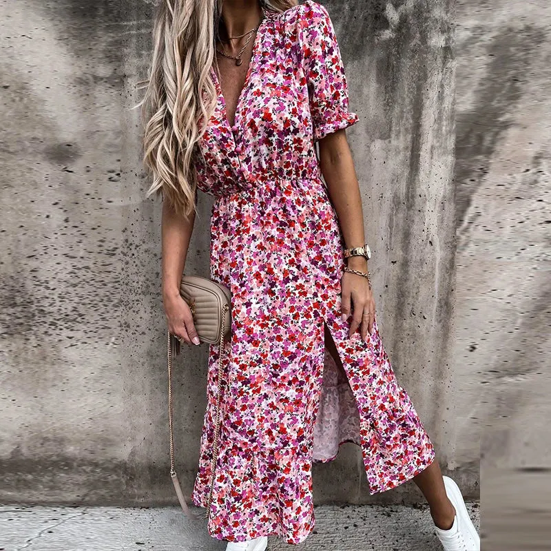 Floral Print Ankle-Length Maxi Dress with V-Neck