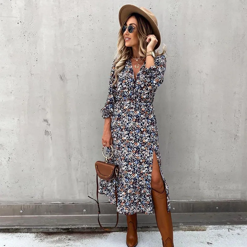Floral Print Ankle-Length Maxi Dress with V-Neck