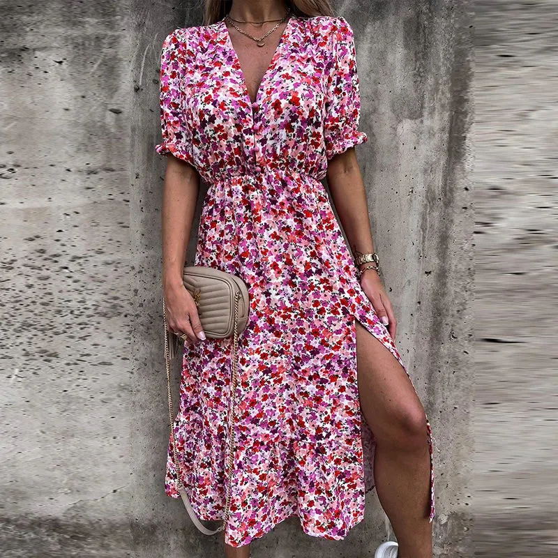 Floral Print Ankle-Length Maxi Dress with V-Neck
