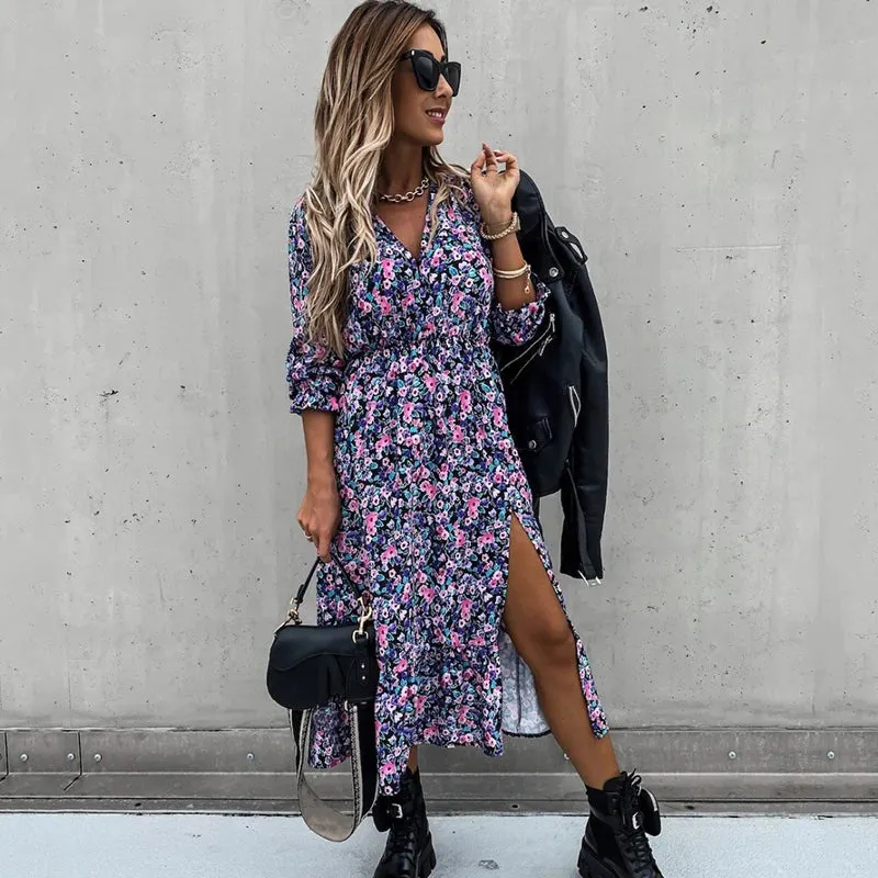 Floral Print Ankle-Length Maxi Dress with V-Neck