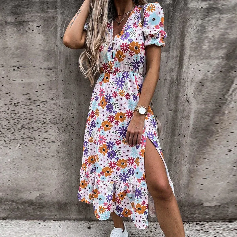 Floral Print Ankle-Length Maxi Dress with V-Neck