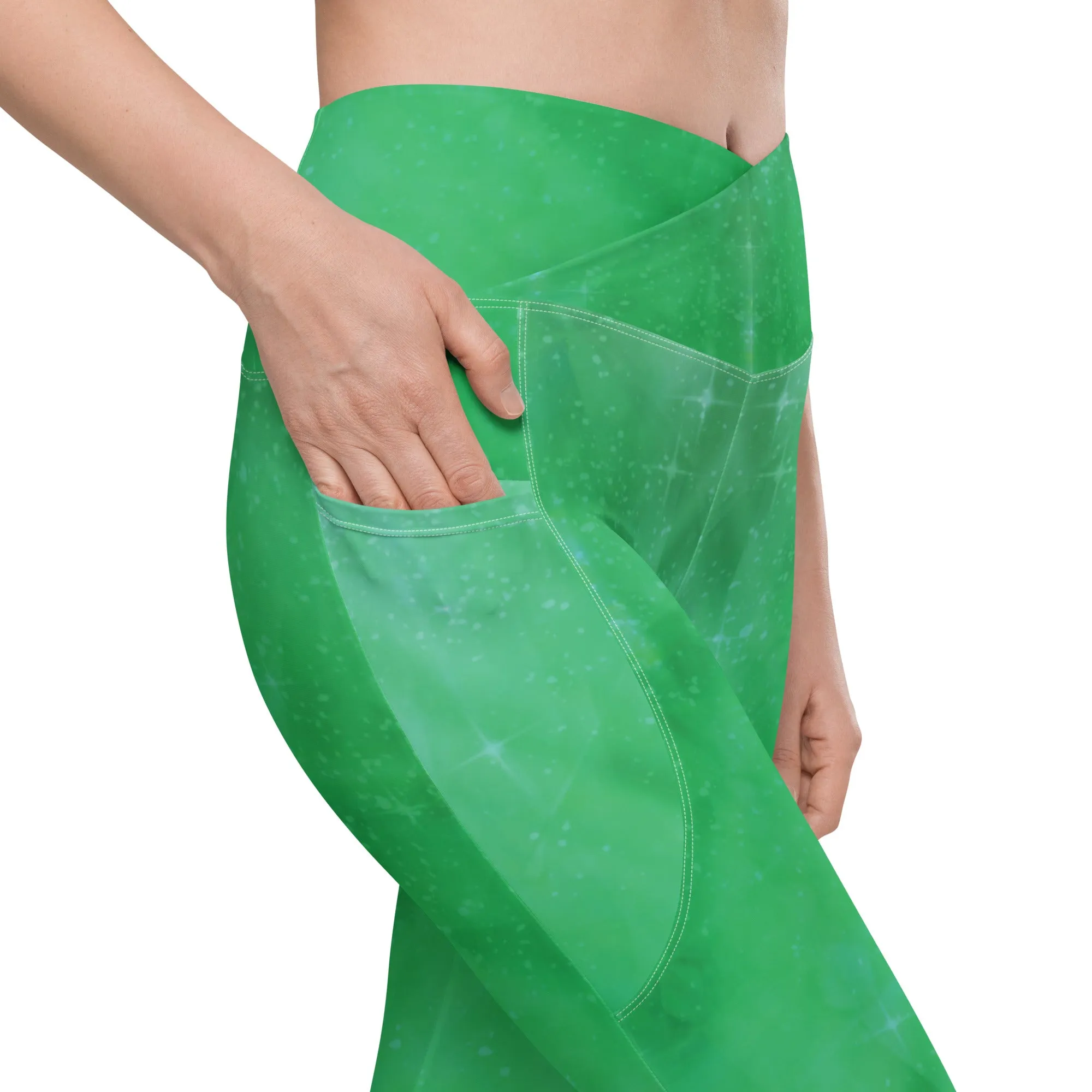 Green Crystal Crossover Leggings with Pockets, lioness-love