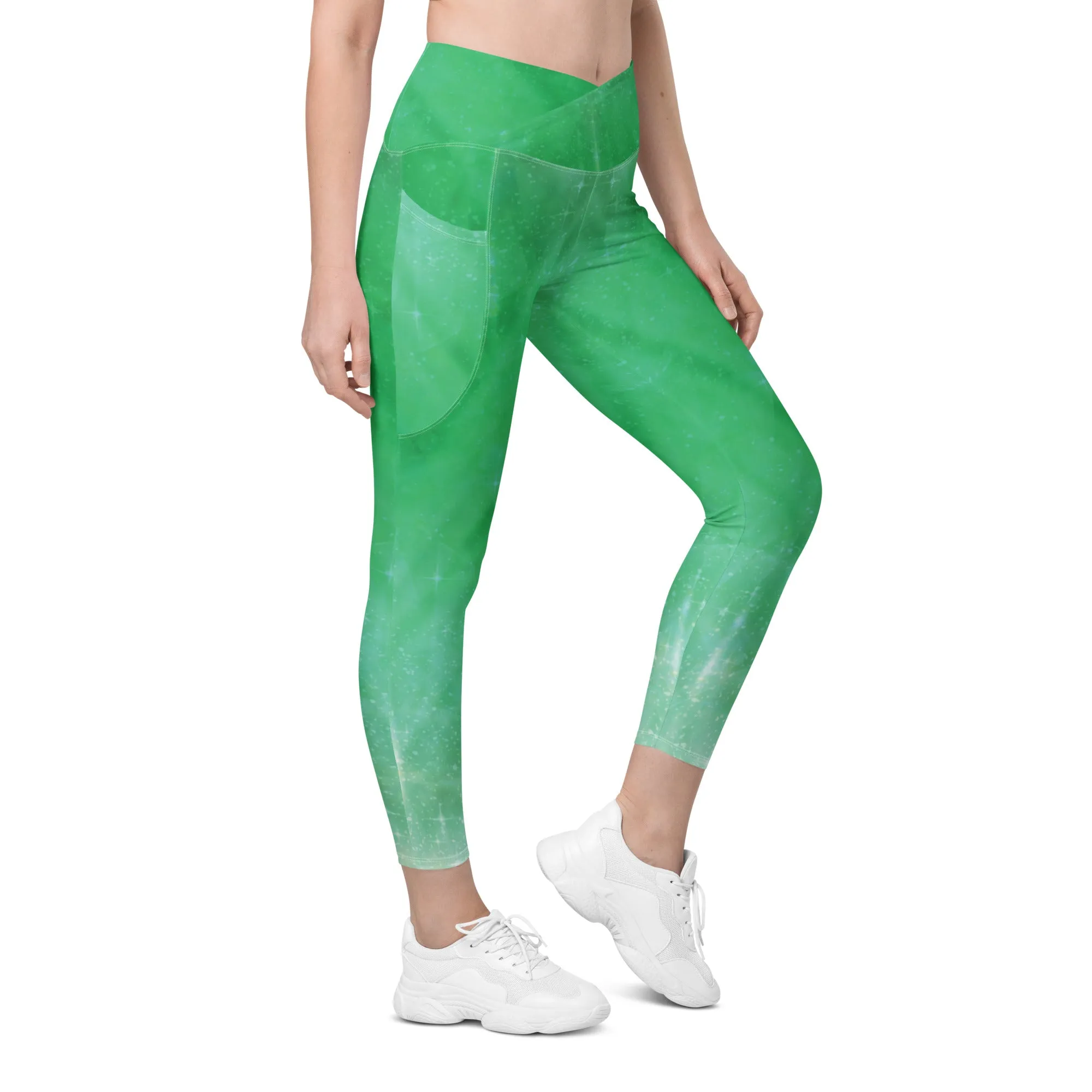 Green Crystal Crossover Leggings with Pockets, lioness-love