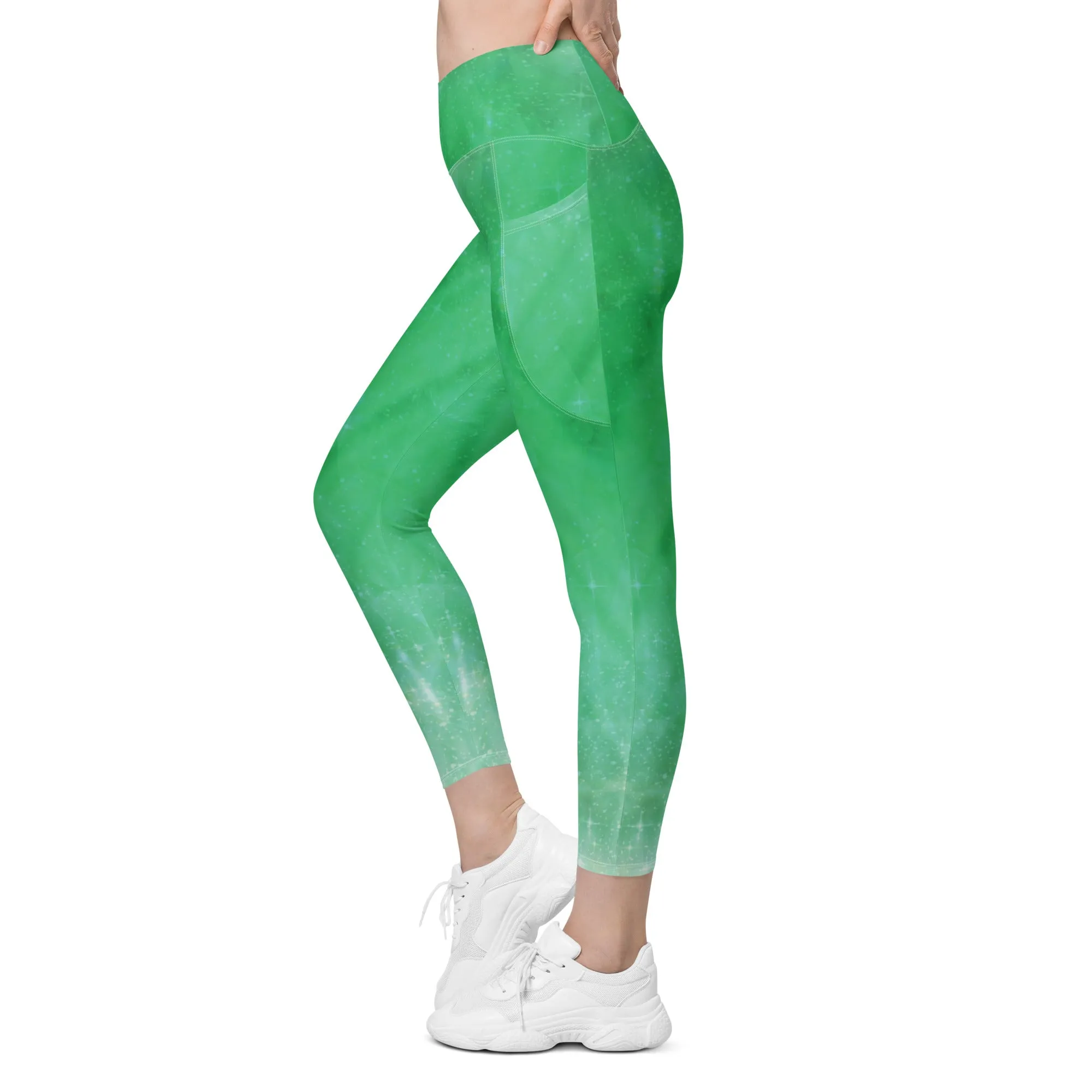 Green Crystal Crossover Leggings with Pockets, lioness-love