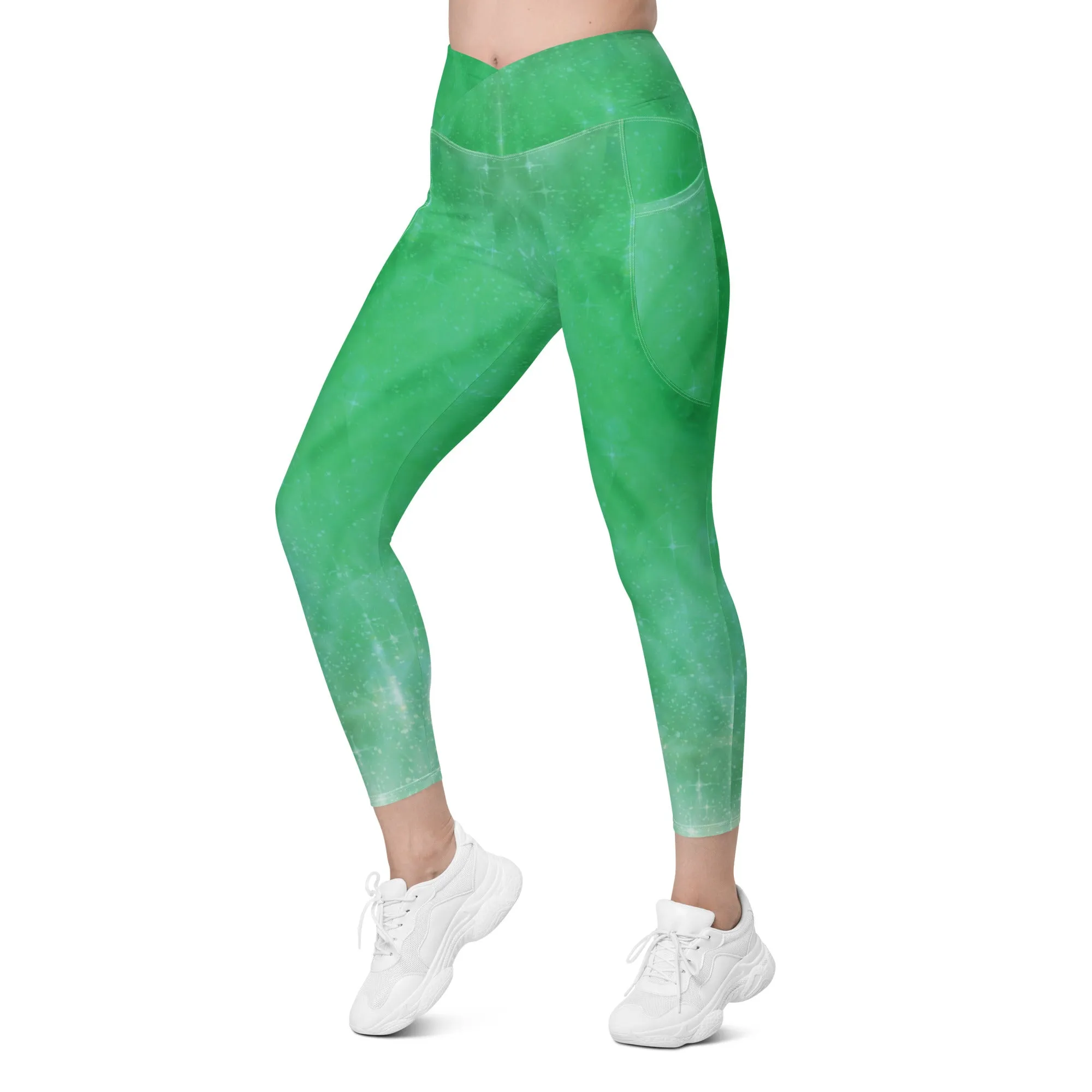 Green Crystal Crossover Leggings with Pockets, lioness-love