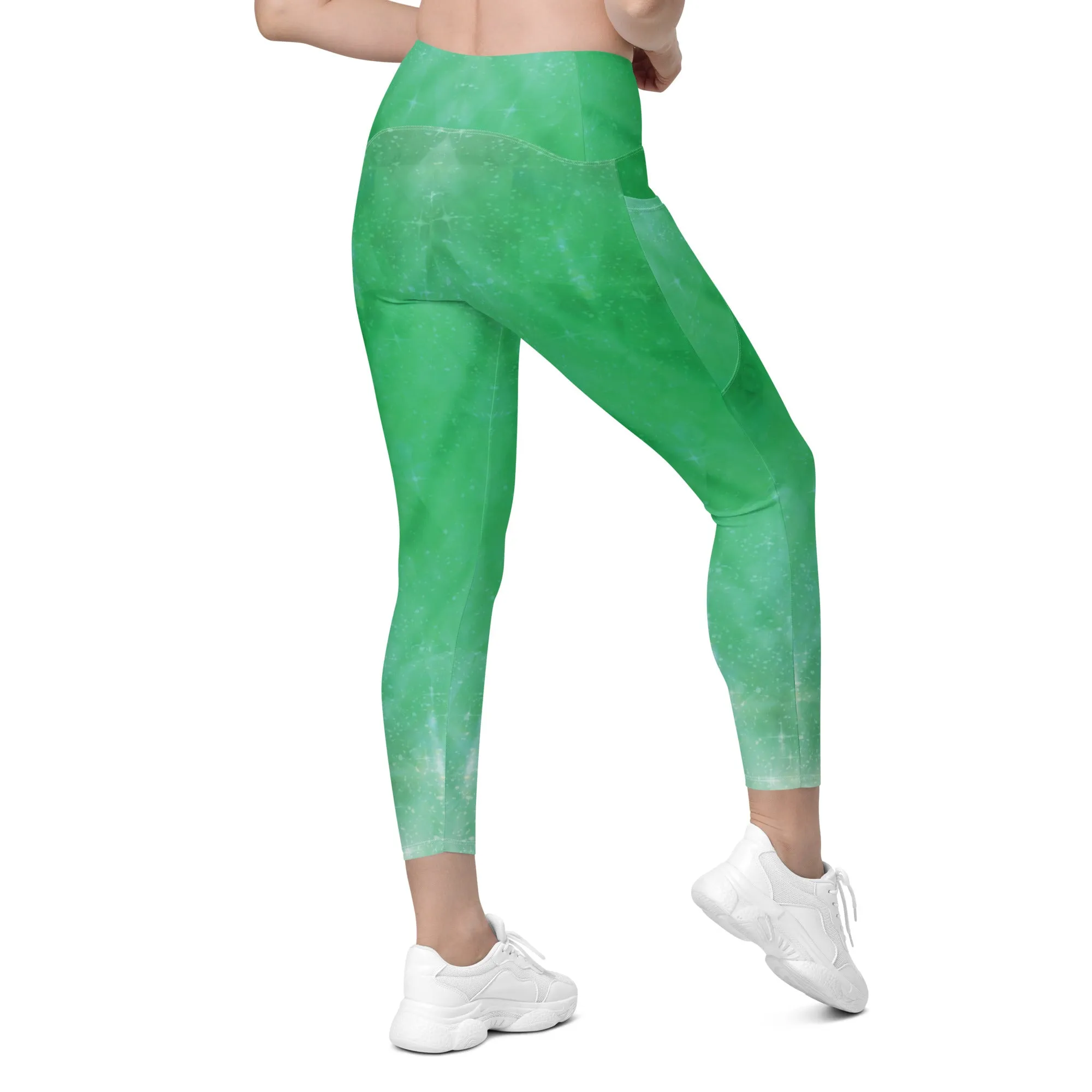 Green Crystal Crossover Leggings with Pockets, lioness-love