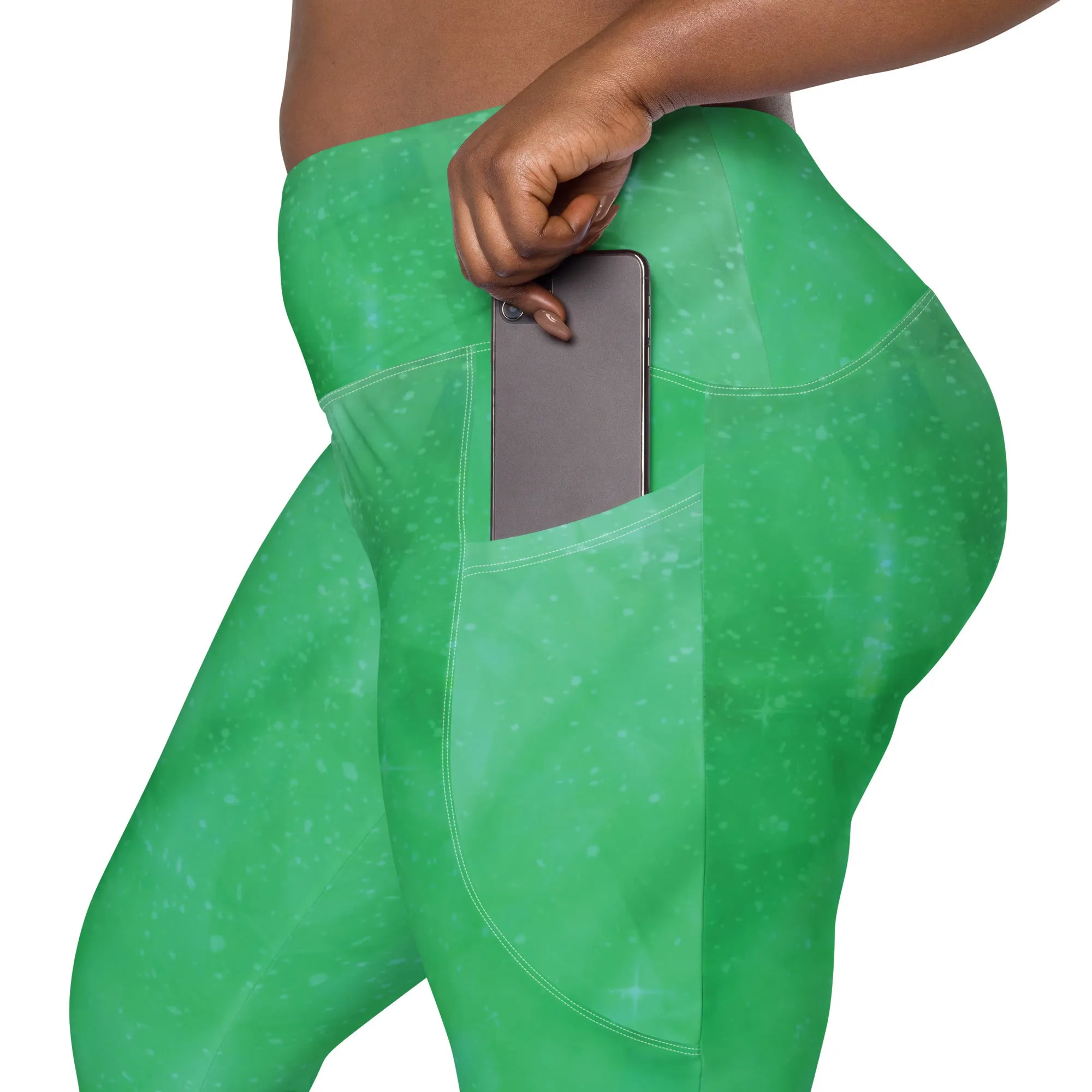 Green Crystal Crossover Leggings with Pockets, lioness-love