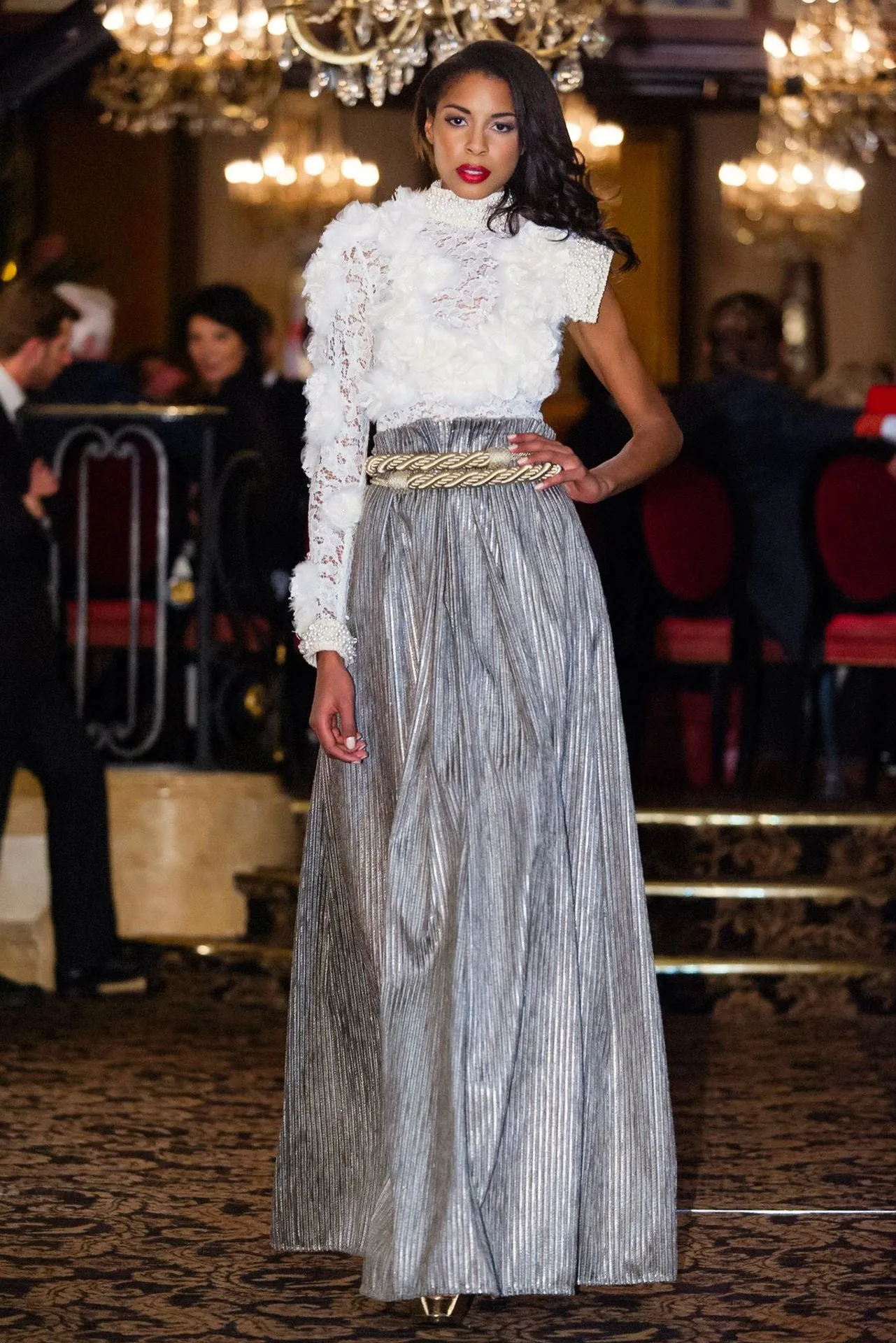 High Neck Blouse and Pleated Skirt