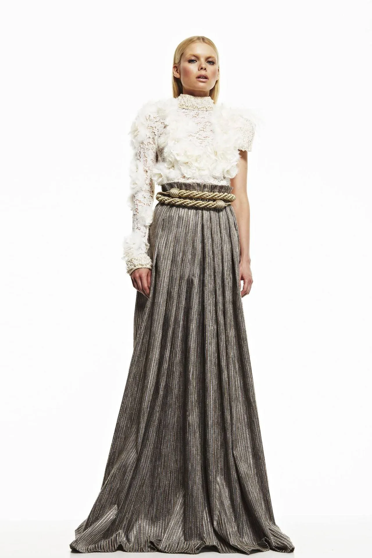 High Neck Blouse and Pleated Skirt