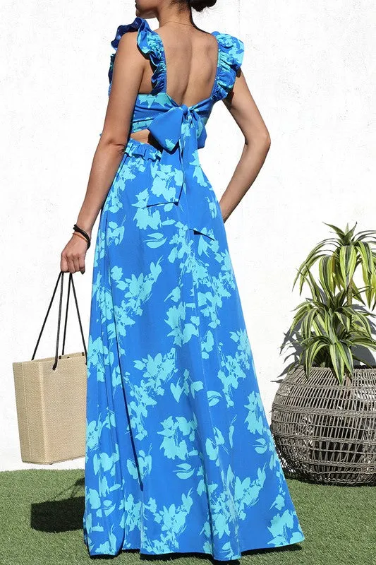 Isabela, Ruffle Sleeve Smocked Detail Floral Print Maxi Dress